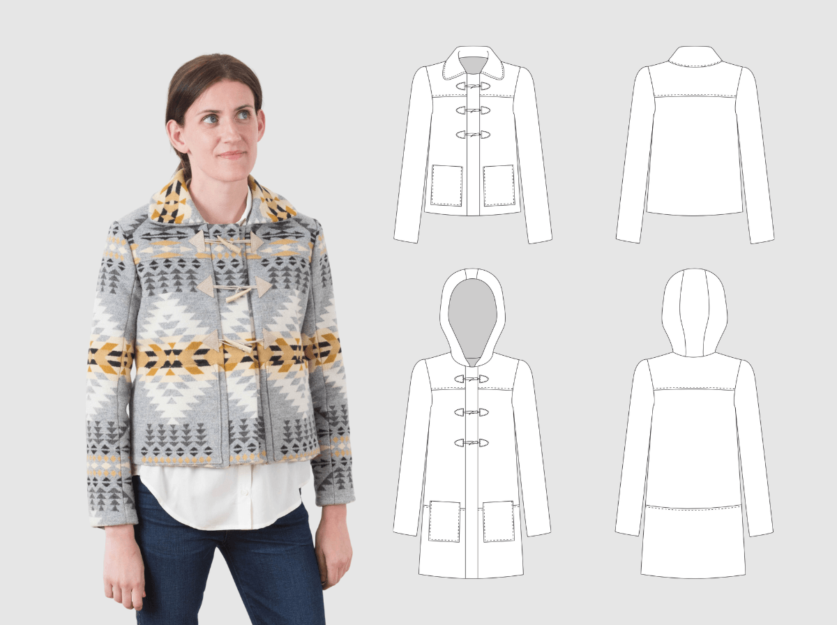 Model in gray and gold geometric patterned coat with toggle closures, shown next to technical illustrations of design options