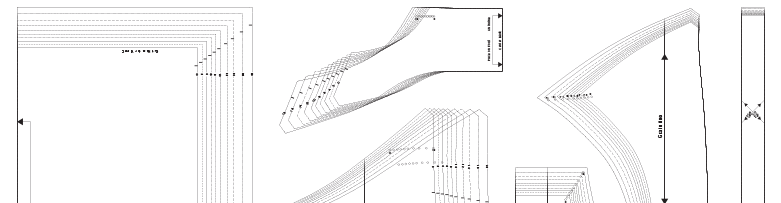 Sewing pattern pieces showing waistband, curved yoke, pocket detail, and strap component layouts