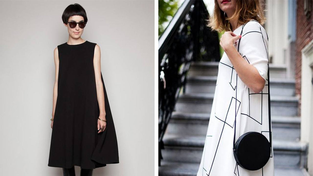 Woman in black sleeveless A-line dress and woman in white geometric print dress showing Farrow Dress silhouette and styling options.
