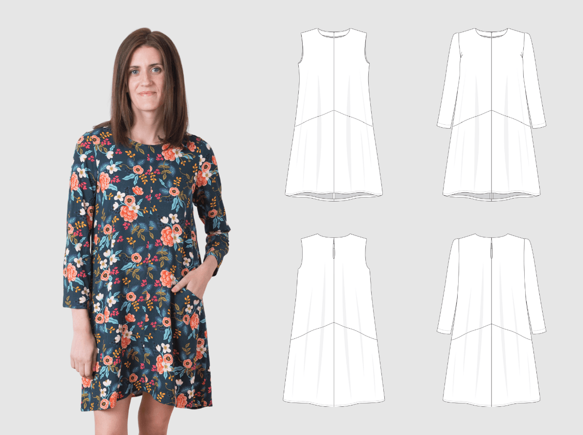 Model in navy floral dress with pockets and relaxed fit, shown next to technical illustrations of sleeve variations