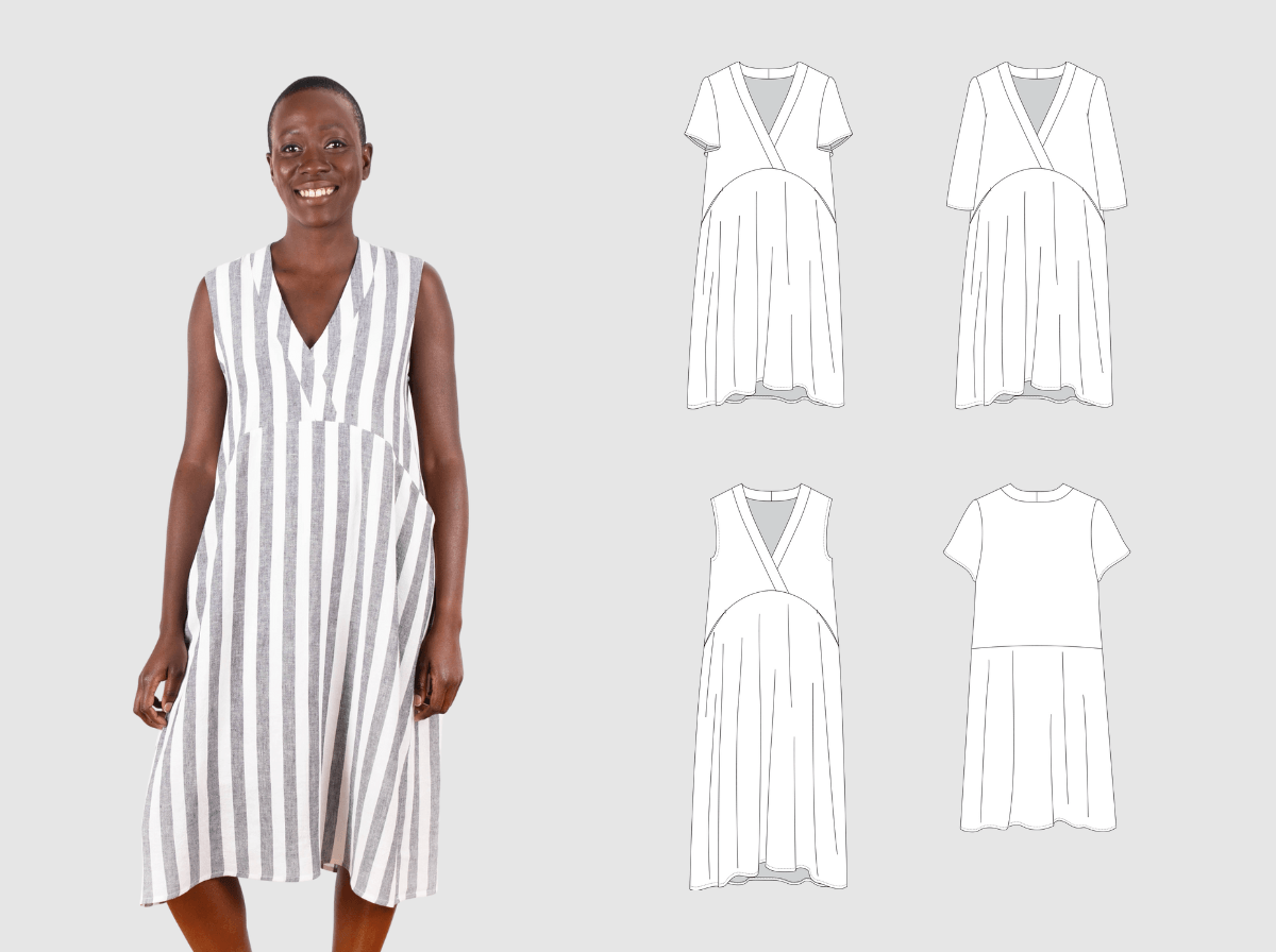Model in gray and white striped dress with V-neck and pleated skirt, shown next to technical pattern illustrations