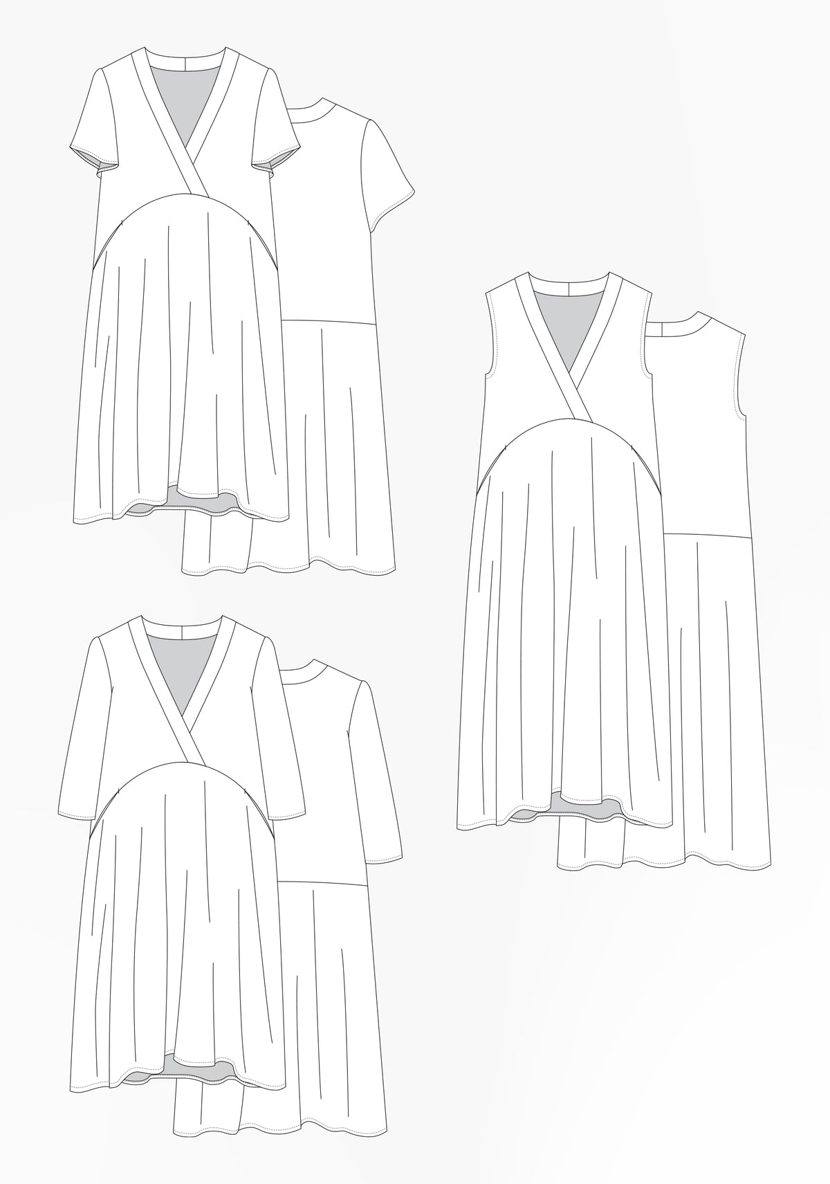 Flat illustrations of Felix Dress with sleeveless bodice, flutter and long sleeves, featuring crossover front and curved waist seam.