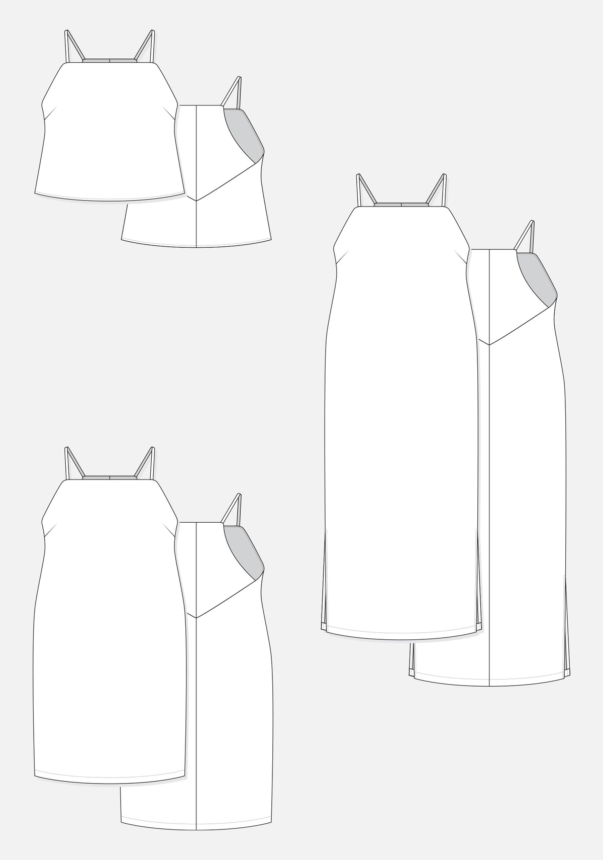 Technical flats of Myra Top and Dress Views A, B, and C, front and back.