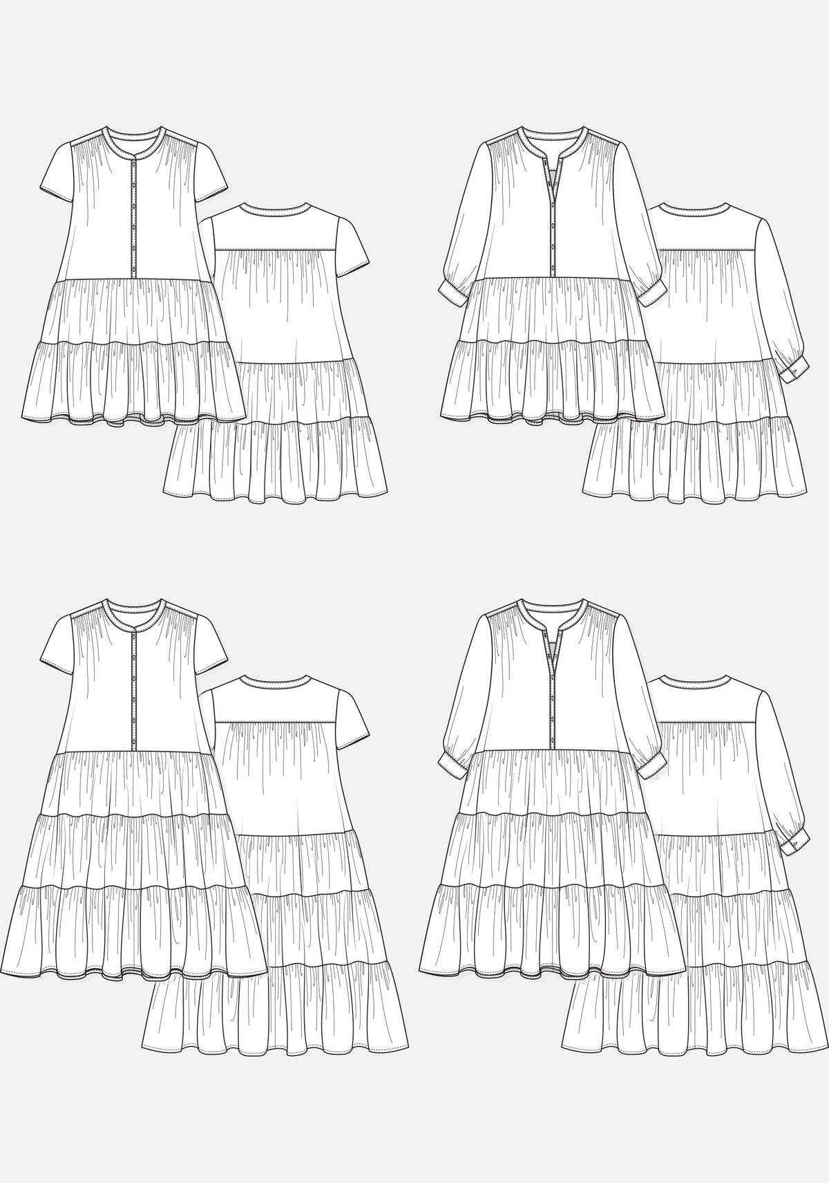 Technical flats of all Poppy Dress views featuring short and long sleeves and tiered skirts, front and back.