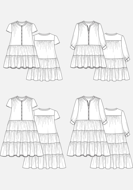 Technical flats of all Poppy Dress views featuring short and long sleeves and tiered skirts, front and back.