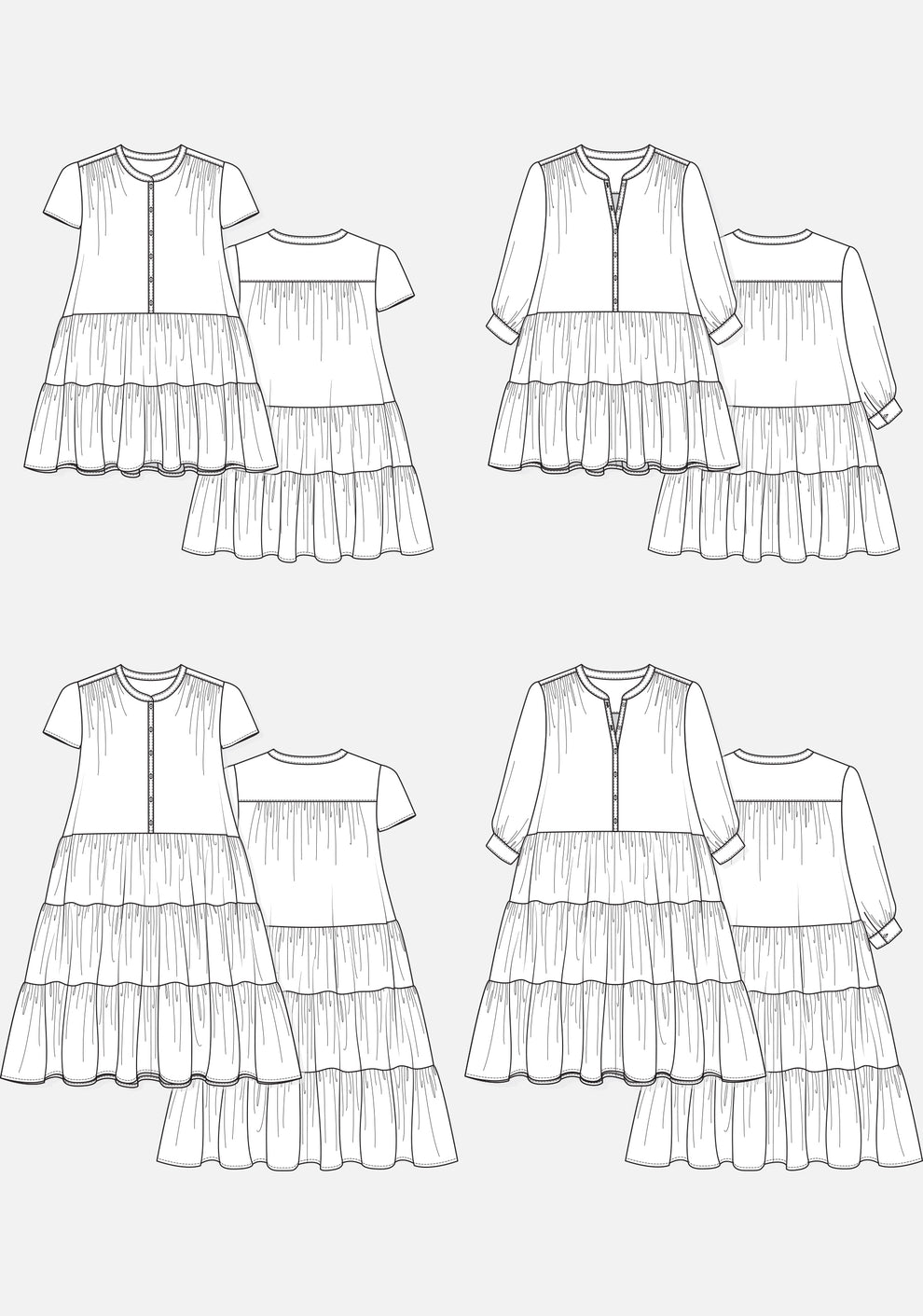 Technical flats of all Poppy Dress views featuring short and long sleeves and tiered skirts, front and back.