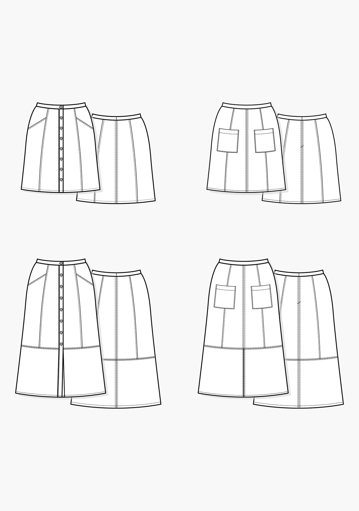 Flat illustration of Reed Skirt showing four views with panel seams, waistband options, and pocket styles.