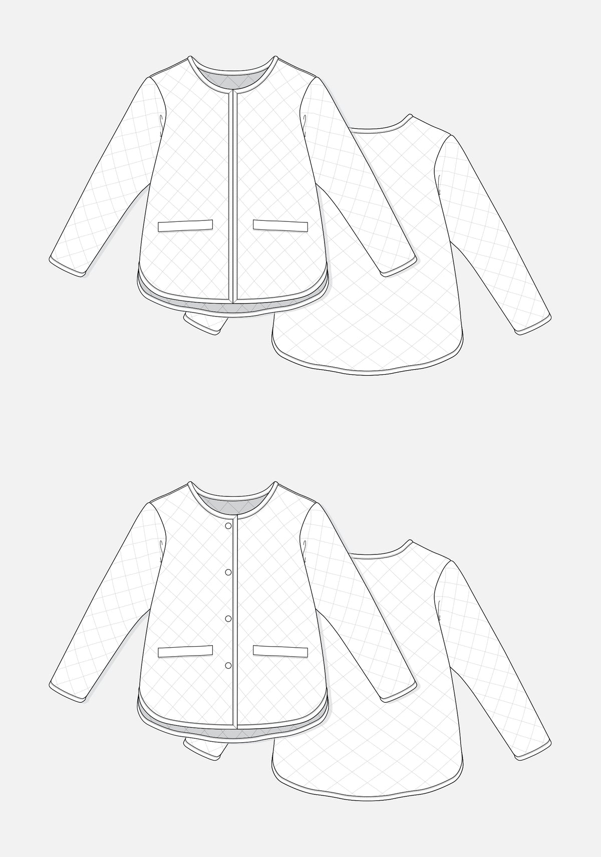 Technical flats of the Tamarack Jacket with front welt pockets and curved hem, shown with binding and snap variations.