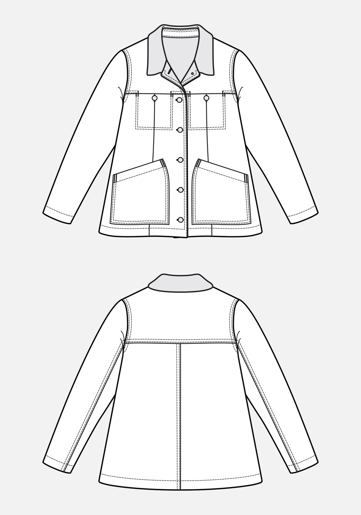Flat illustration of a hip-length Thayer Jacket with pointed collar, front snap closure, and pockets