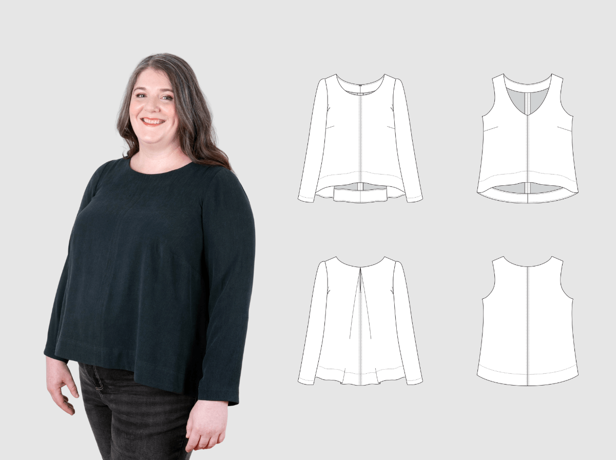 Model in dark teal top with high-low hem, shown next to technical illustrations of sleeve and neckline variations