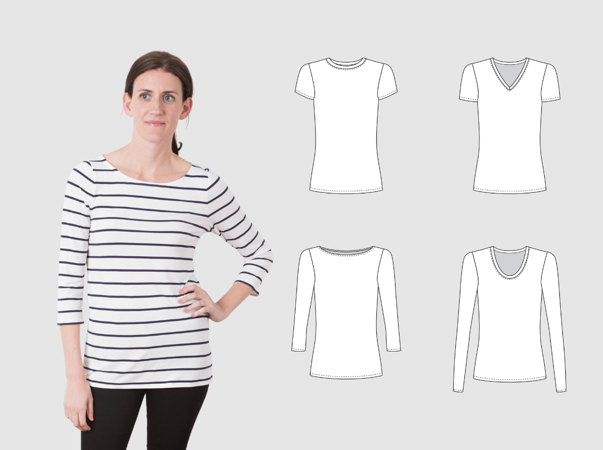 Model in navy and white striped top with boat neck, shown next to technical illustrations of neckline and sleeve options