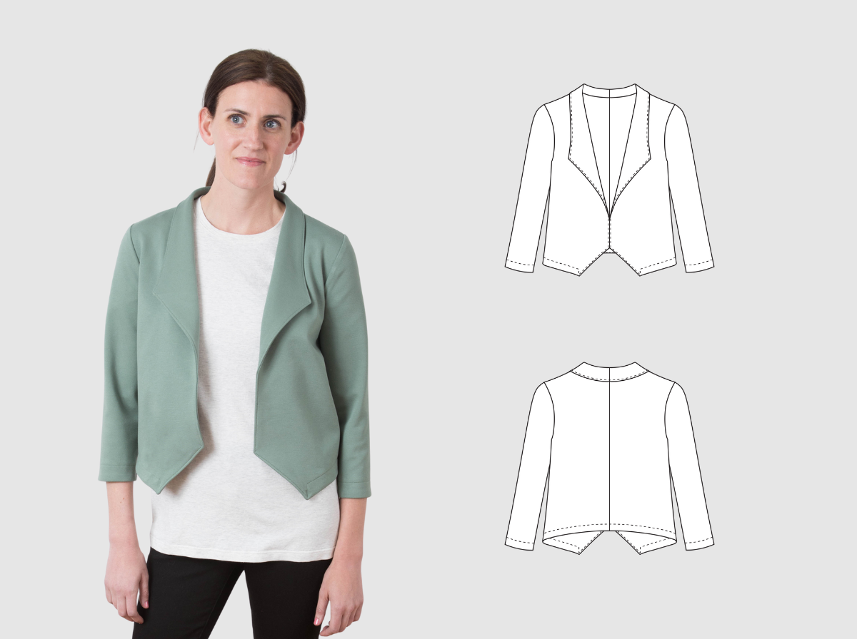 Model in sage green blazer with shawl collar and angled hem, shown next to technical pattern illustrations