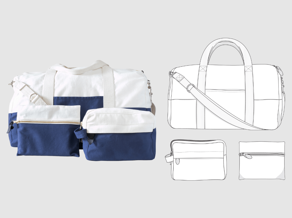 Navy and white duffel bag with matching pouches in colorblock design, shown next to technical pattern illustrations