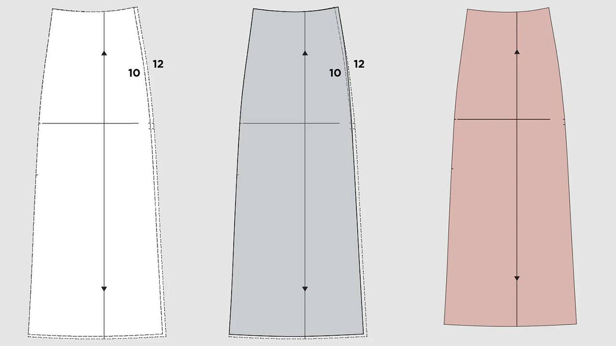 Three Reed Skirt pattern pieces showing blending between sizes 10 and 12, with arrows indicating adjustment directions