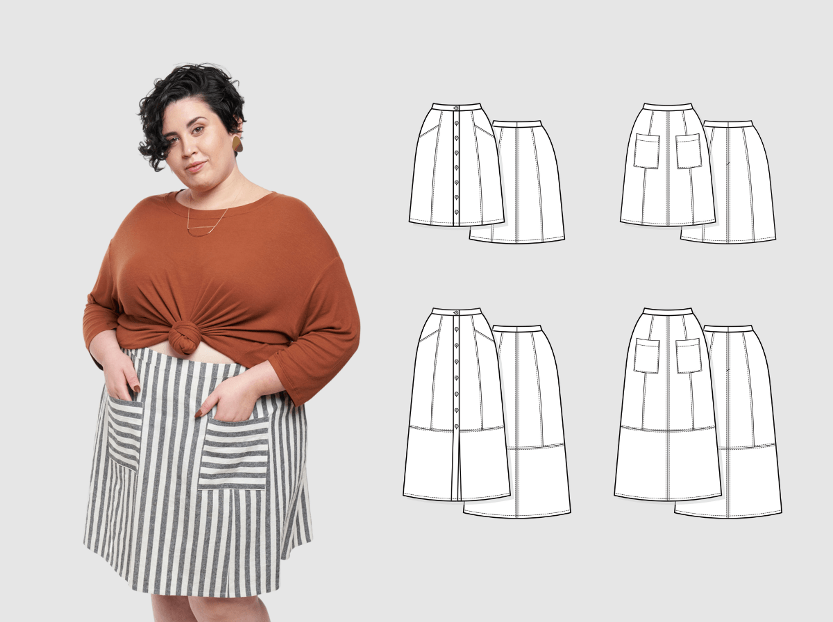 Model in gray and white striped skirt with pockets, shown next to technical illustrations of length and pocket options