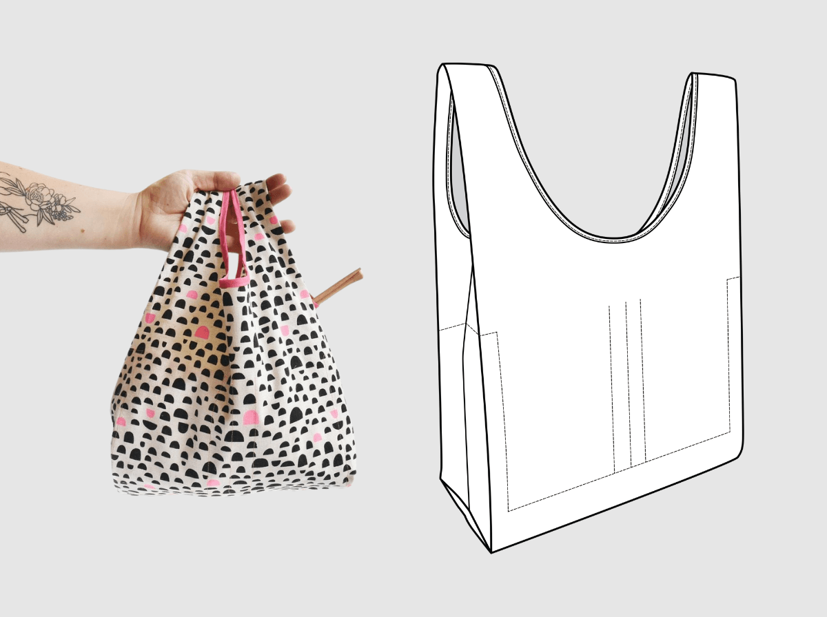 Hand holding project bag with black and pink dot pattern and pink handles, next to technical pattern illustration