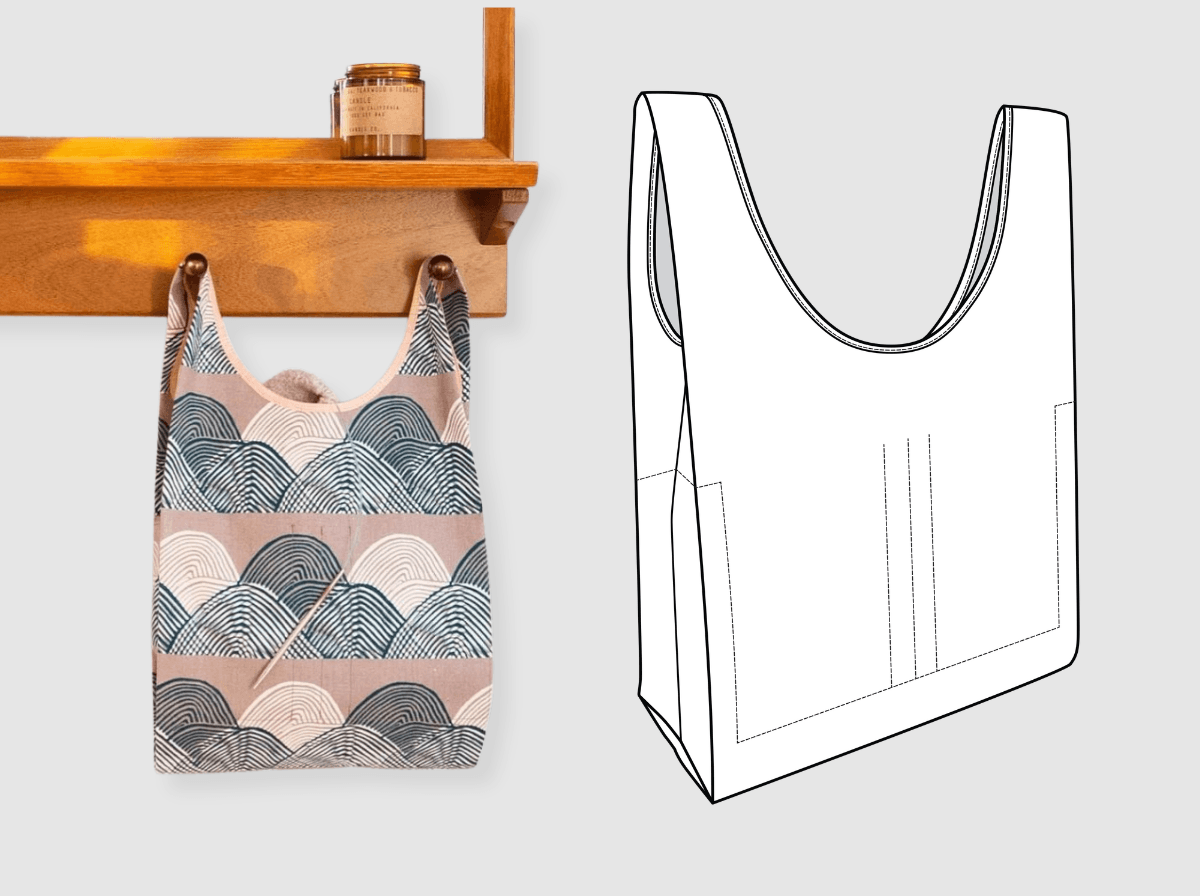 Project bag with navy and blush wave pattern hanging on wooden peg, shown next to technical pattern illustration