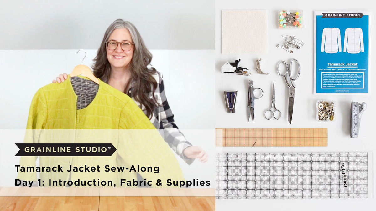 Jen holding a green quilted Tamarack Jacket beside a flat lay of sewing supplies and the Tamarack pattern envelope on a white background