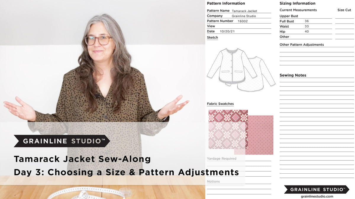 Jen gesturing with hands beside a Grainline Studio pattern card showing Tamarack measurements, fabric swatches, and sizing information
