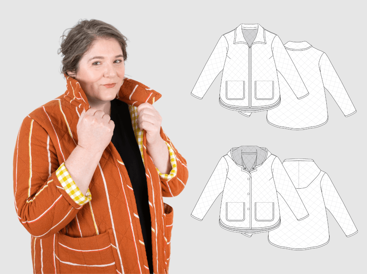 A person wearing a quilted Tamarack Jacket in rust stripe with yellow gingham lining beside flat illustrations showing the collar and hood views