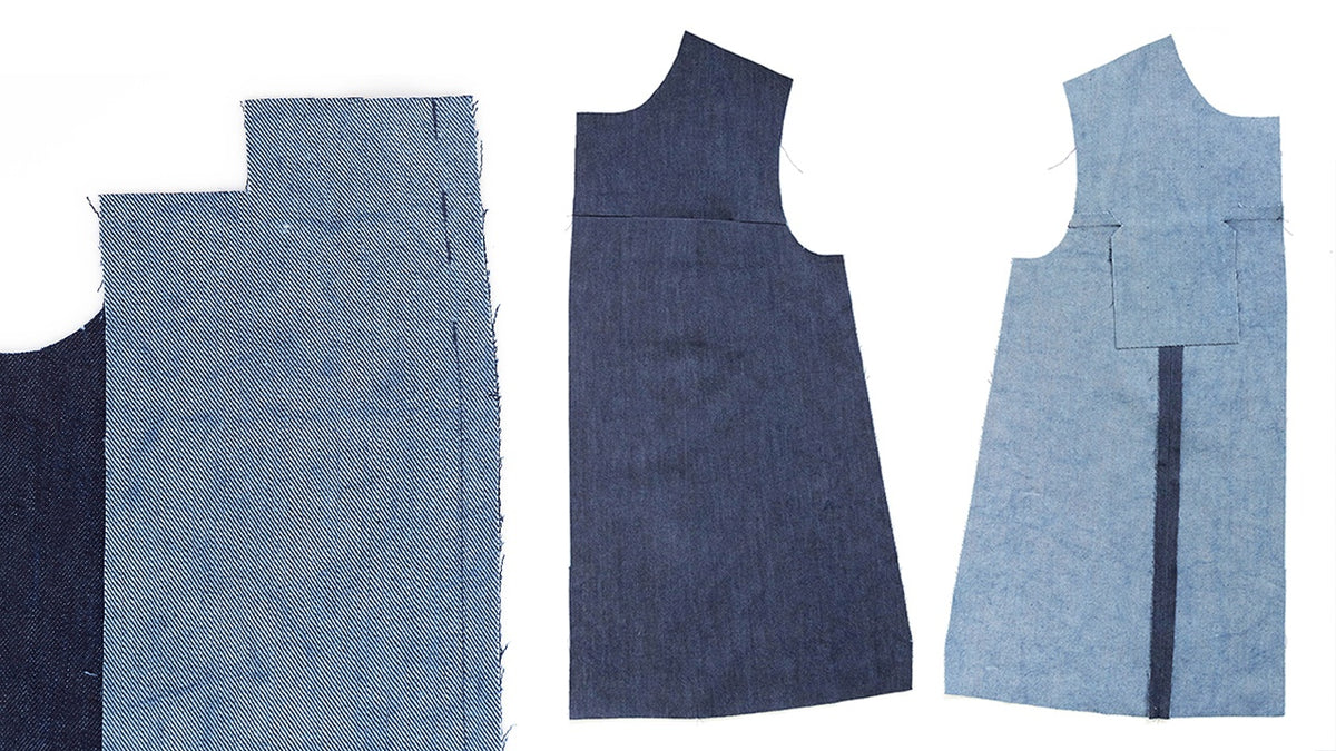 Three Thayer Jacket pieces in navy and light blue denim showing yoke attachment, pocket construction, and princess seams
