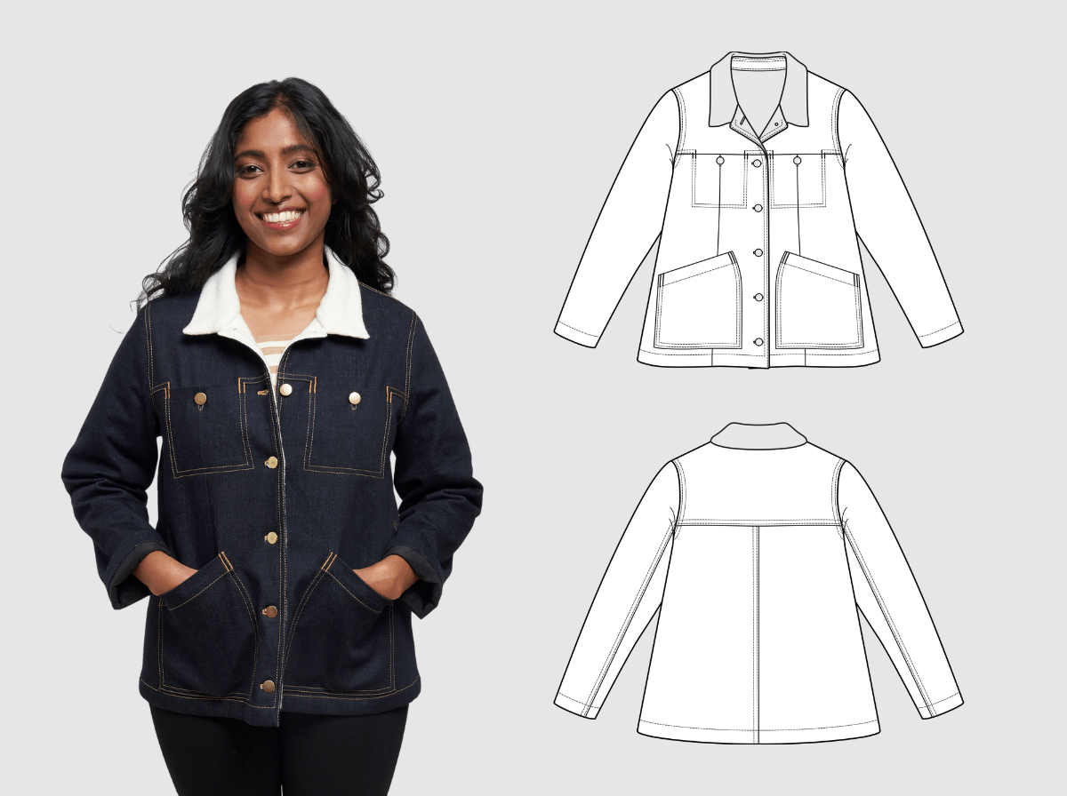 Model in dark denim jacket with sherpa collar and contrast stitching, shown next to technical pattern illustrations