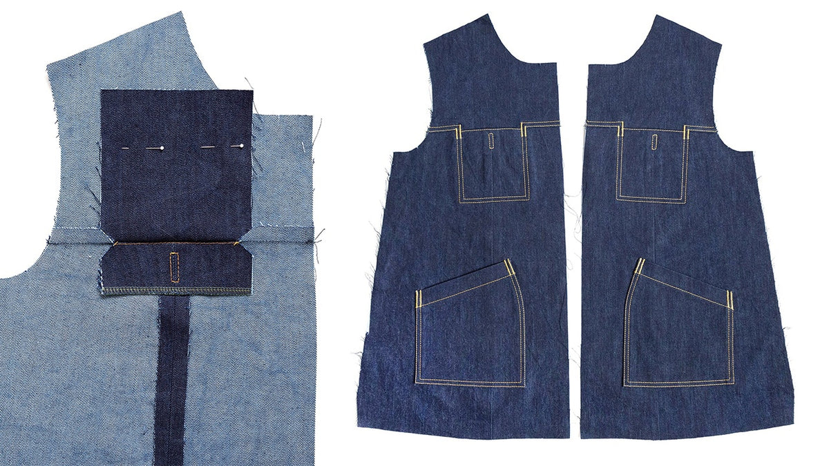 Thayer Jacket pocket construction in navy denim showing inseam pocket pieces on left and completed patch pockets on right