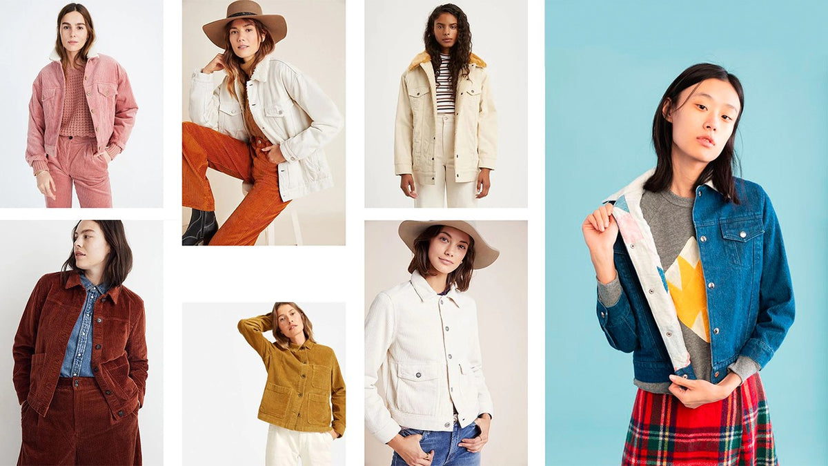 Collage of workwear-inspired jackets in corduroy, denim, and canvas showing various colors including pink, rust, cream, and blue