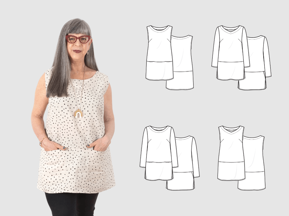 Model in cream tunic with black dot pattern and pockets, shown next to technical illustrations of pattern variations