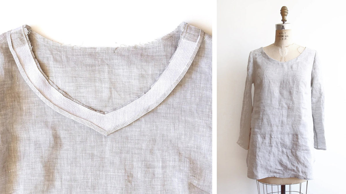 Uniform Tunic V-neck construction showing attached and clipped facing on left, completed tunic on dress form on right