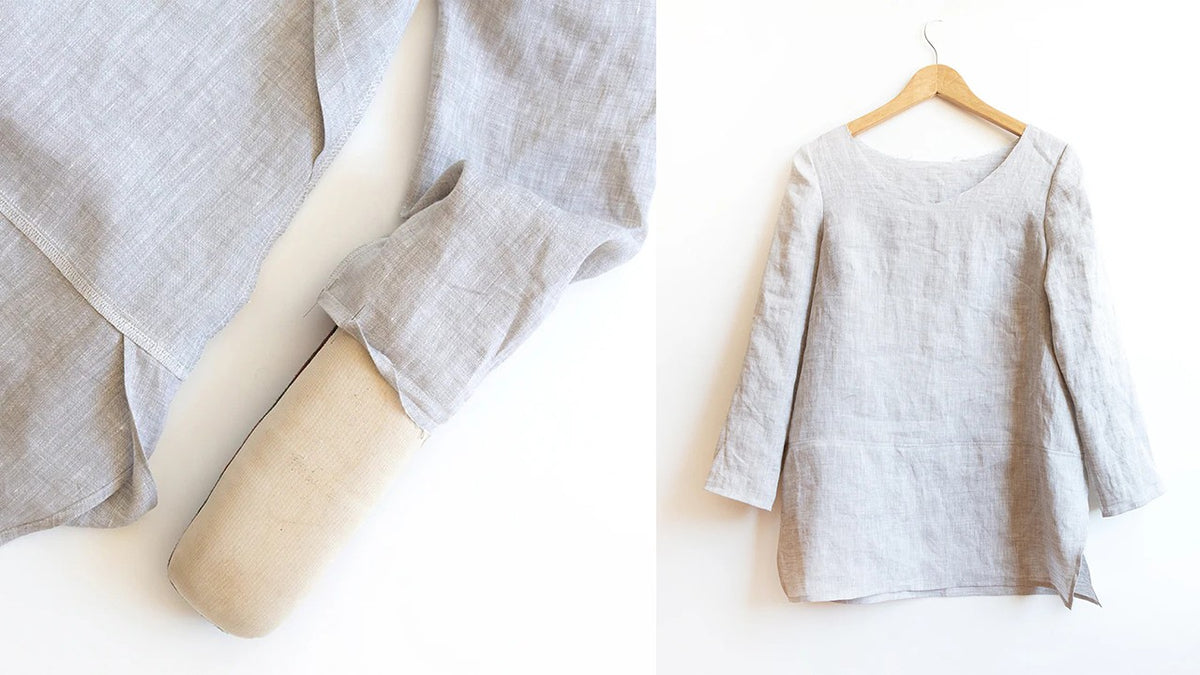 Uniform Tunic sleeve construction showing bracelet-length sleeve being hemmed on left, completed tunic on right