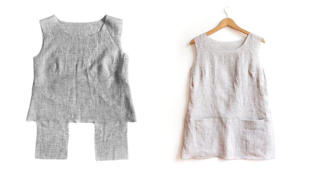 Uniform Tunic View A construction showing bodice with pockets partially attached on left, completed bodice on hanger on right