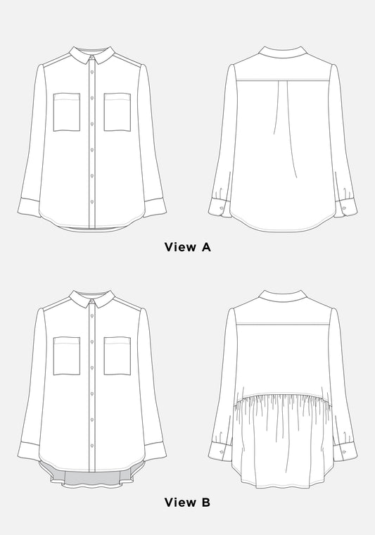 Technical drawings of Archer Button Up View A with back pleat and View B with gathered lower back.