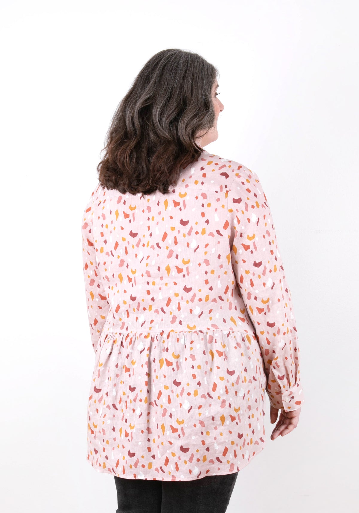 Archer Button Up View B, back view with gathered panel, pink print fabric, size 14-32.