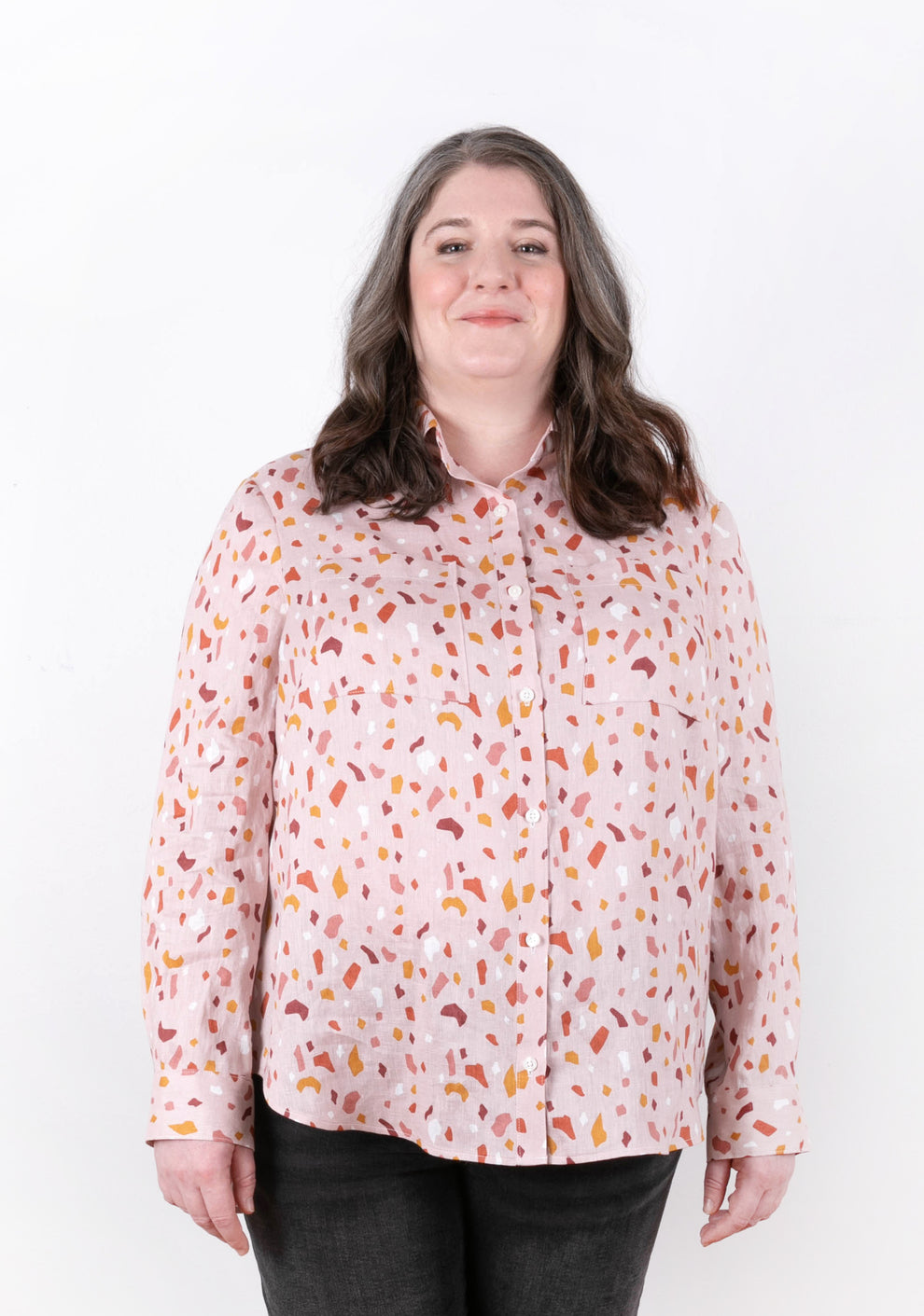 Archer Button Up View B, straight front view, pink print fabric, size 14-32.