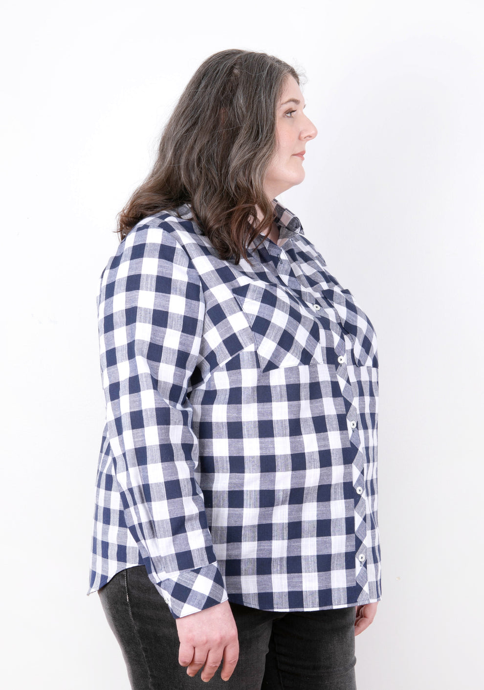 Archer Button Up View A, left side view with long sleeves, gingham fabric, size 14-32.