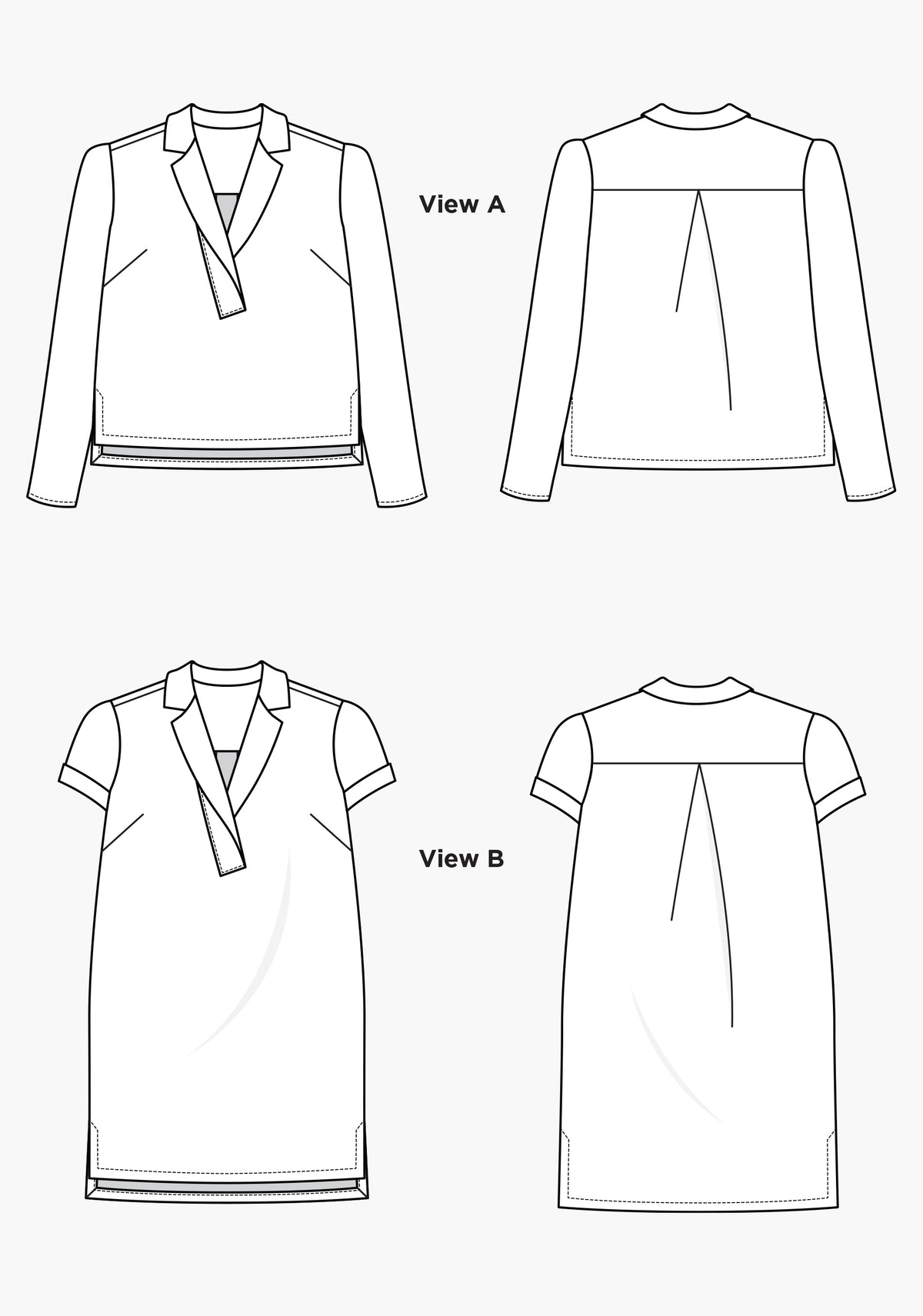Flat technical illustrations of Augusta Top and Dress with notched collar, asymmetric lapel, darts, and back pleat.