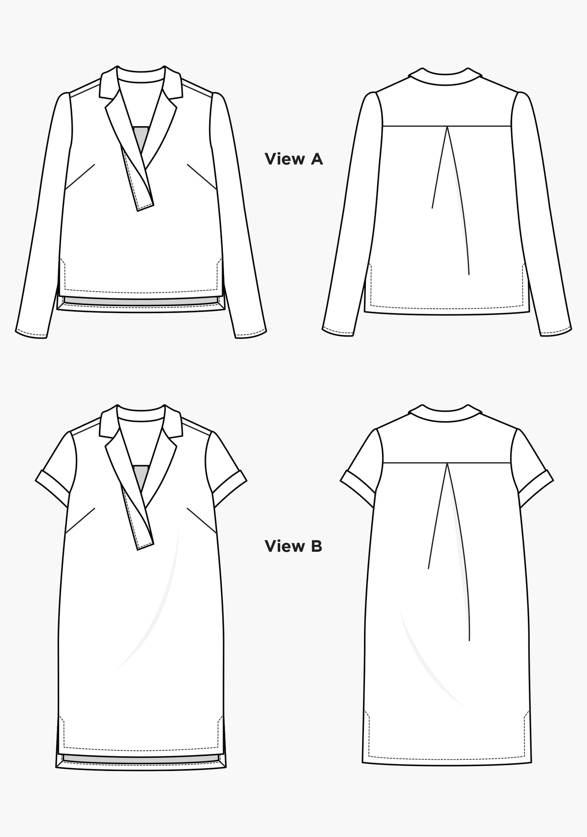 Flat technical illustrations of Augusta Top and Dress showing construction details and design elements.