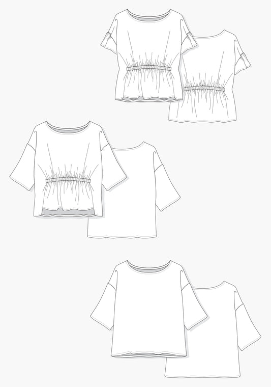 Flat technical illustration of the Corin Top sewing pattern showing front and back views with ruffle sleeve, ¾ sleeve, and plain options.