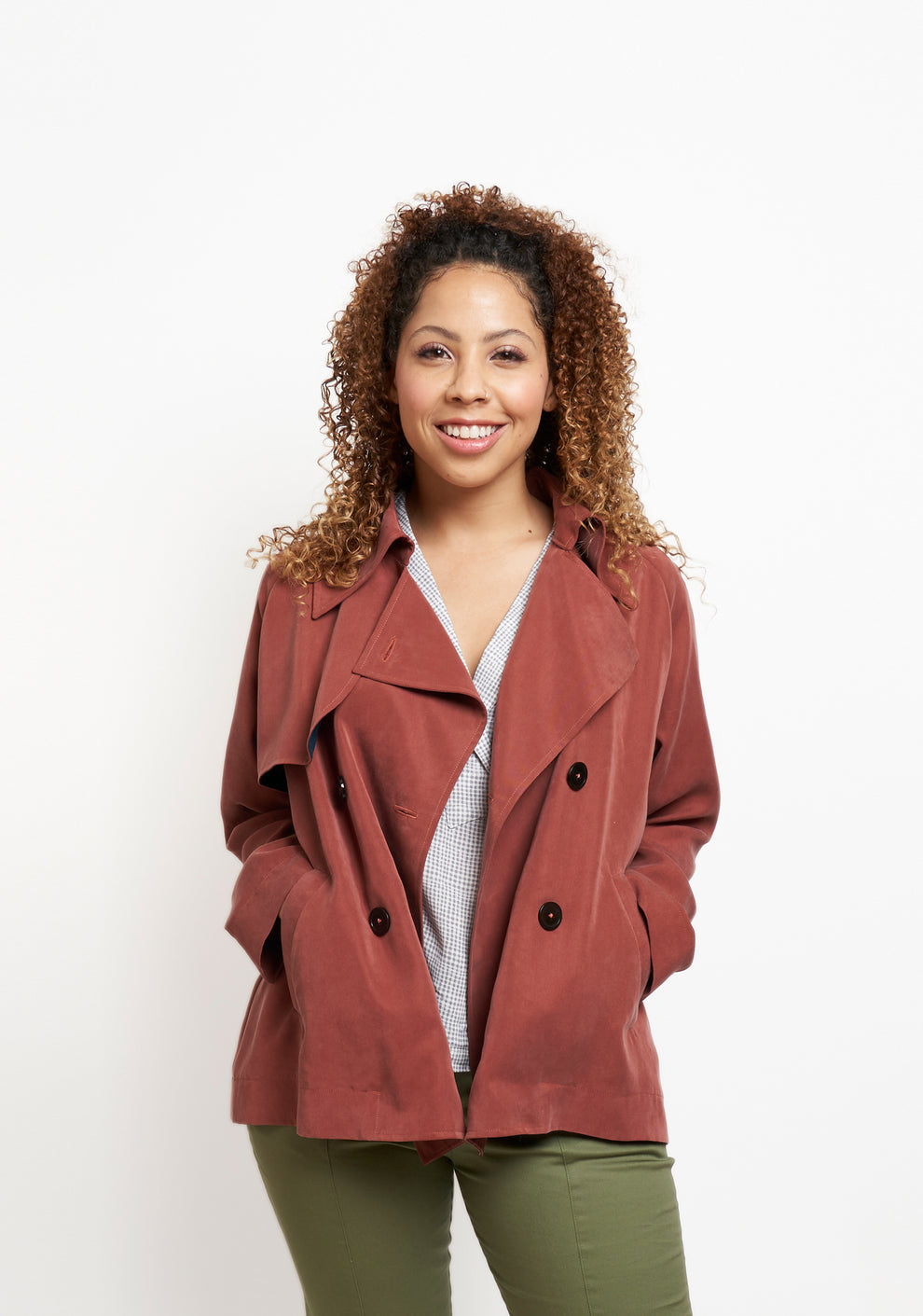 Front view of Cortland Trench View B with relaxed fit and wide lapel detail.