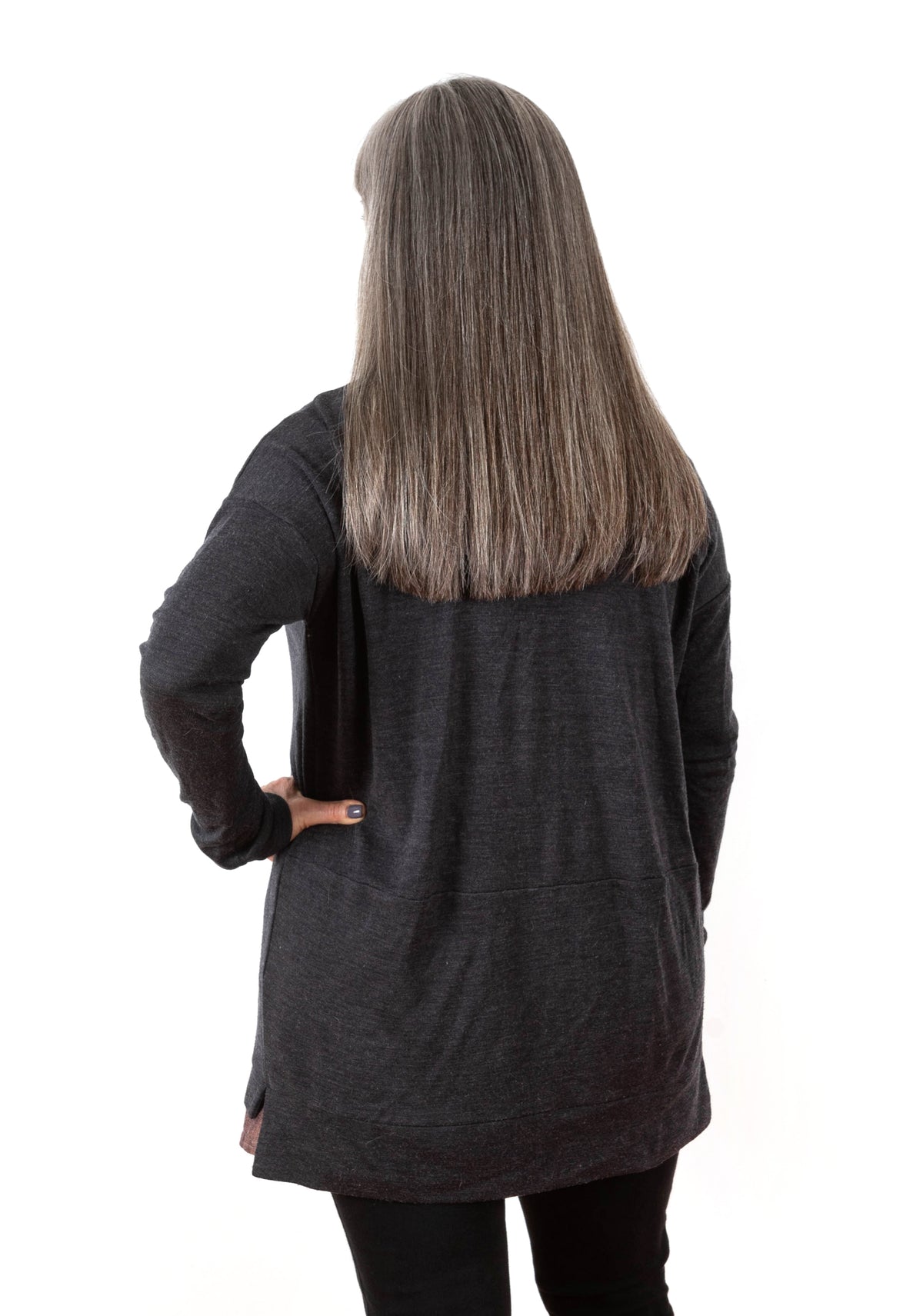 Back view of charcoal Driftless Cardigan showing full length and relaxed fit.
