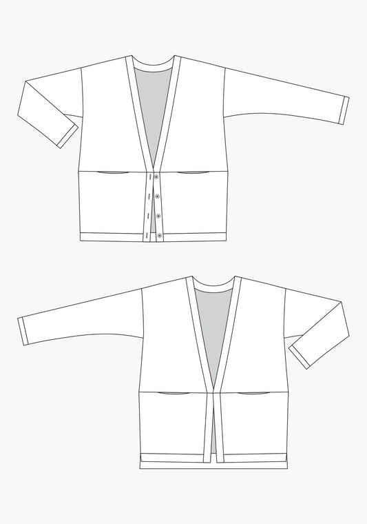 Technical flats of the Driftless Cardigan with drop shoulders, front pockets, and two hem options.