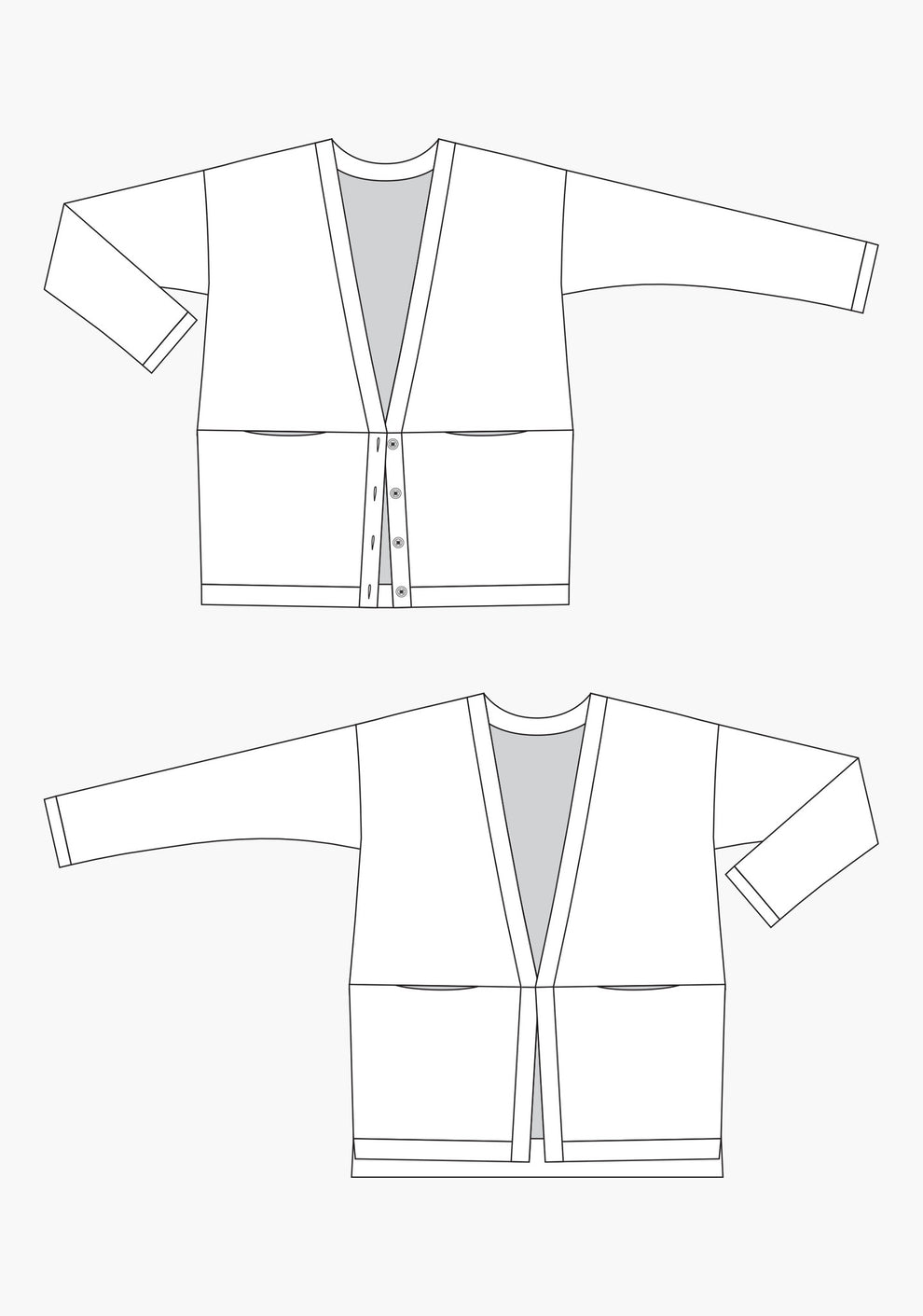 Technical flats of the Driftless Cardigan with drop shoulders, front pockets, and two hem options.