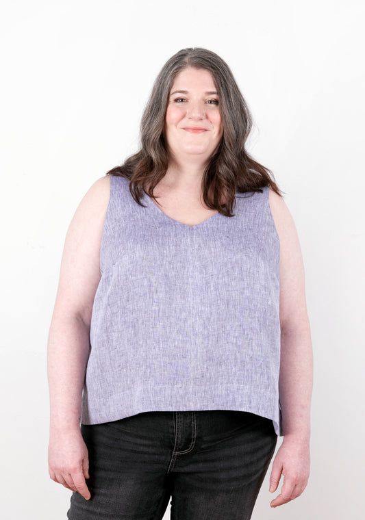 Model: Size 20, 5'5" | Model in sleeveless lilac Hadley Top, front view. Features V neckline and subtle A-line shape.