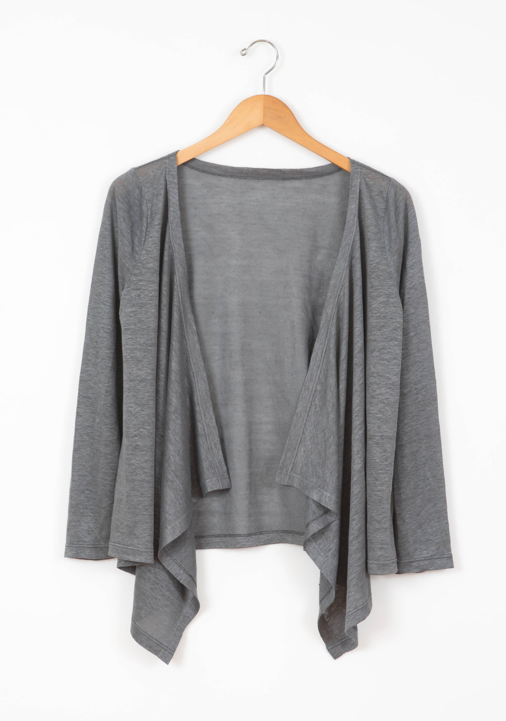 Grey Lark Cardigan displayed flat on hanger with open front and relaxed silhouette.