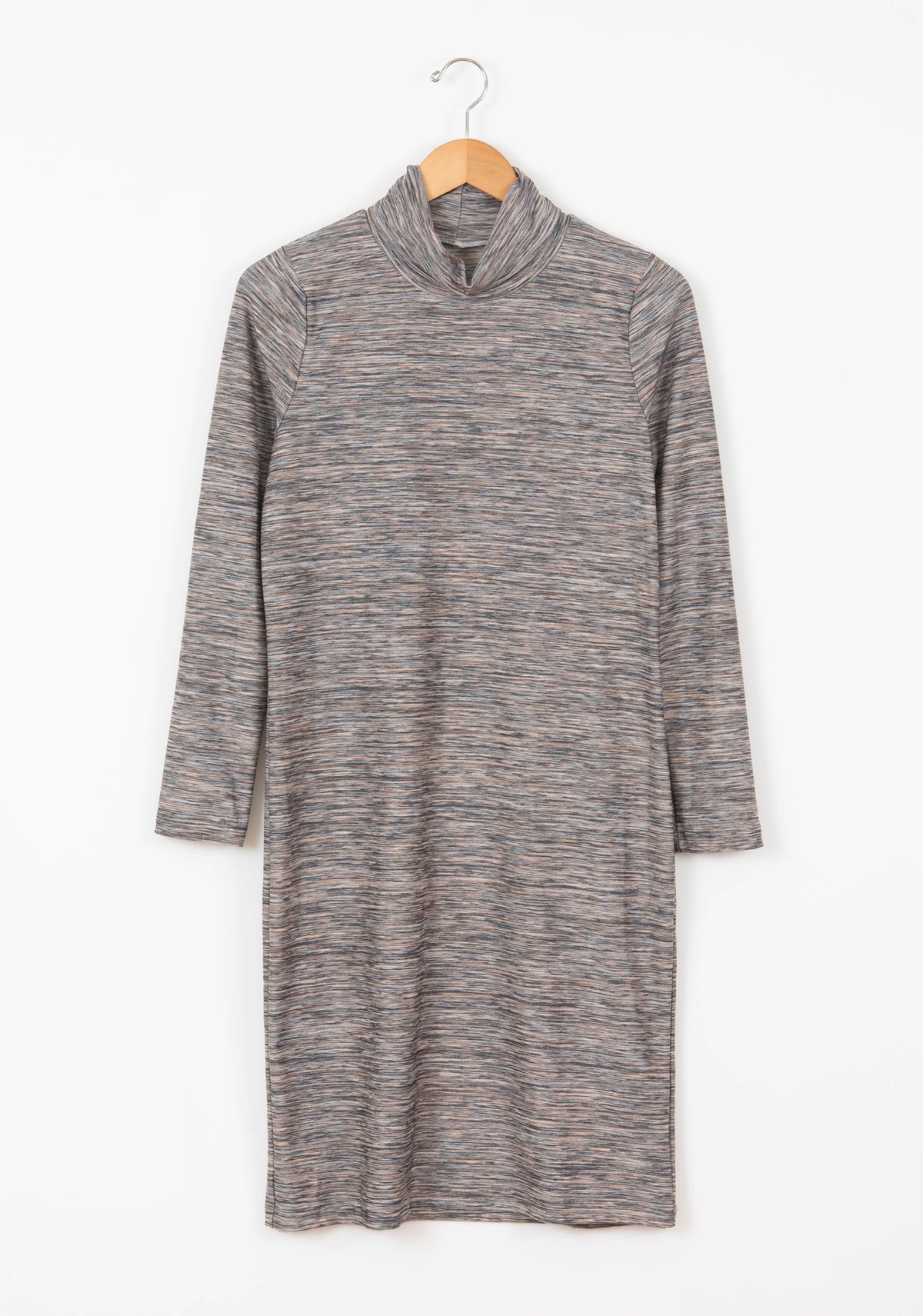 Flatlay of heathered Lark Dress with cowl neck and long sleeves.