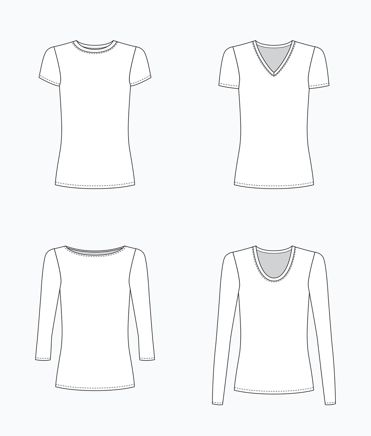 Flat technical illustrations of the Lark Tee pattern showing all four necklines and sleeve options.