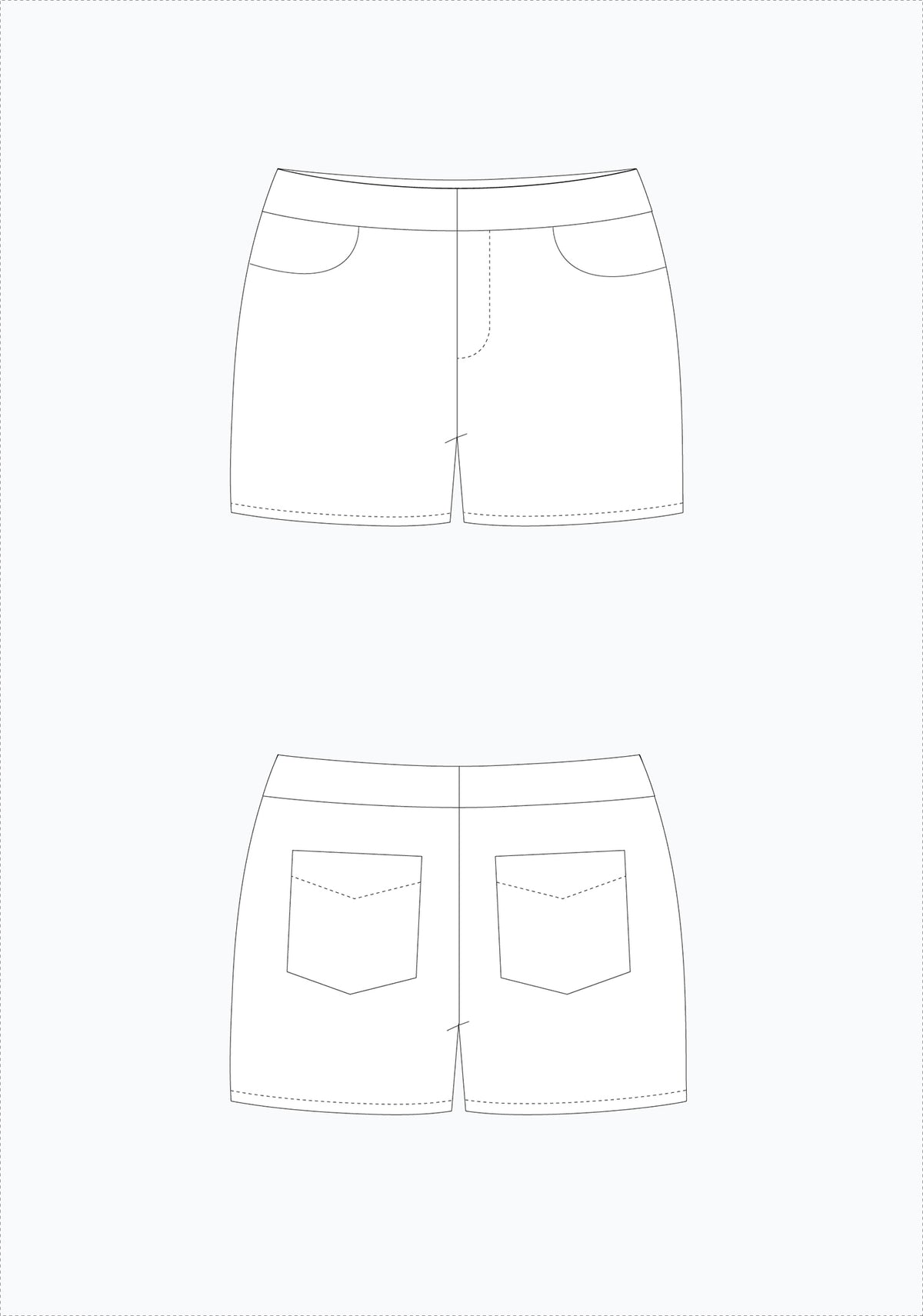 Technical flat illustrations of the Maritime Shorts showing front and back views with pockets and fly front.