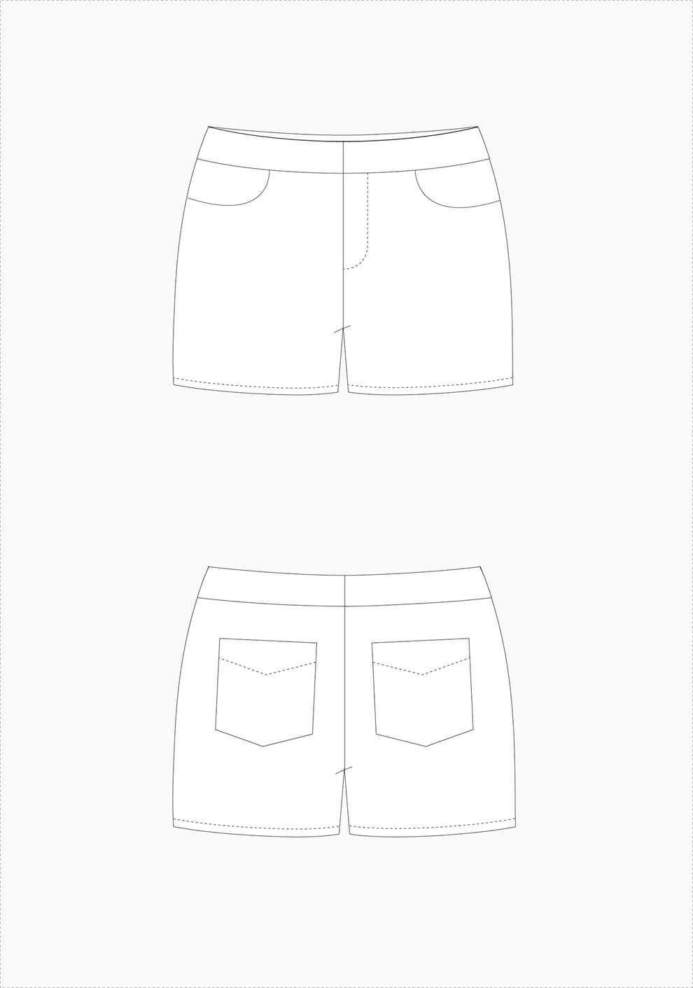 Technical flat illustrations of the Maritime Shorts showing front and back views with pockets and fly front.