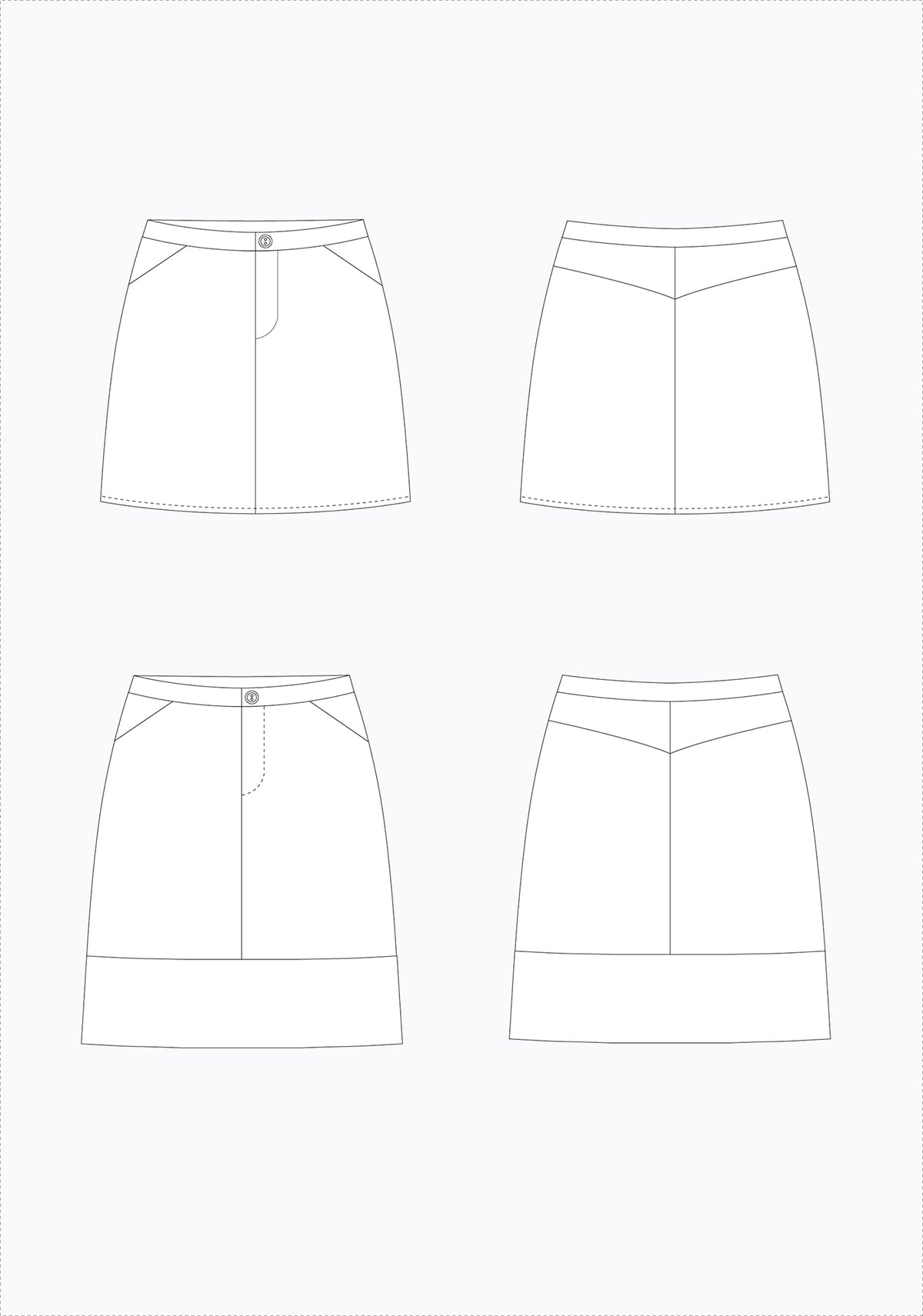 Flat technical illustration of the Moss Skirt pattern showing front and back views of both skirt lengths with yoke and waistband details.